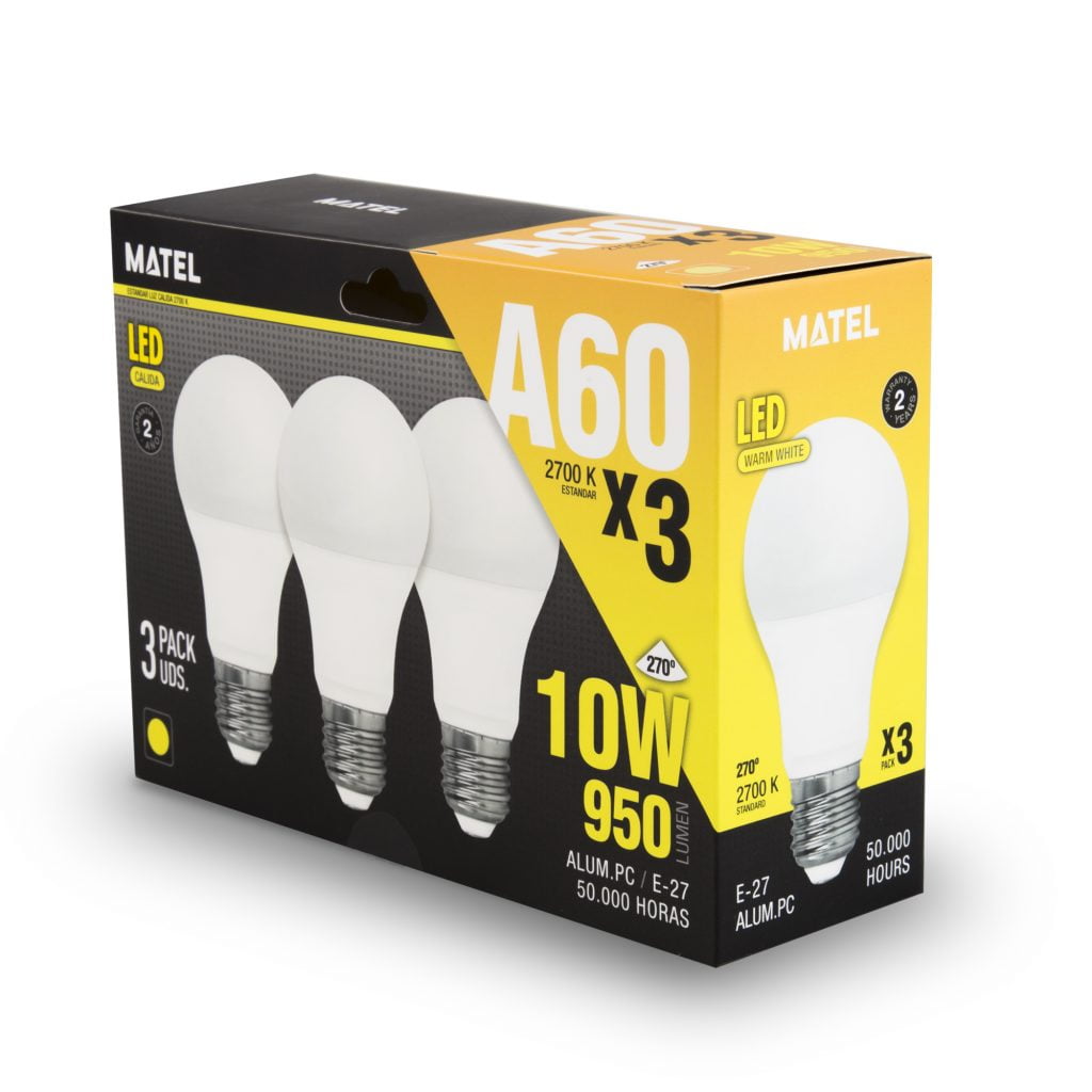 BOMBILLA LED MATEL ESTÁNDAR E27 10W CÁLIDA (3UDS) en caja