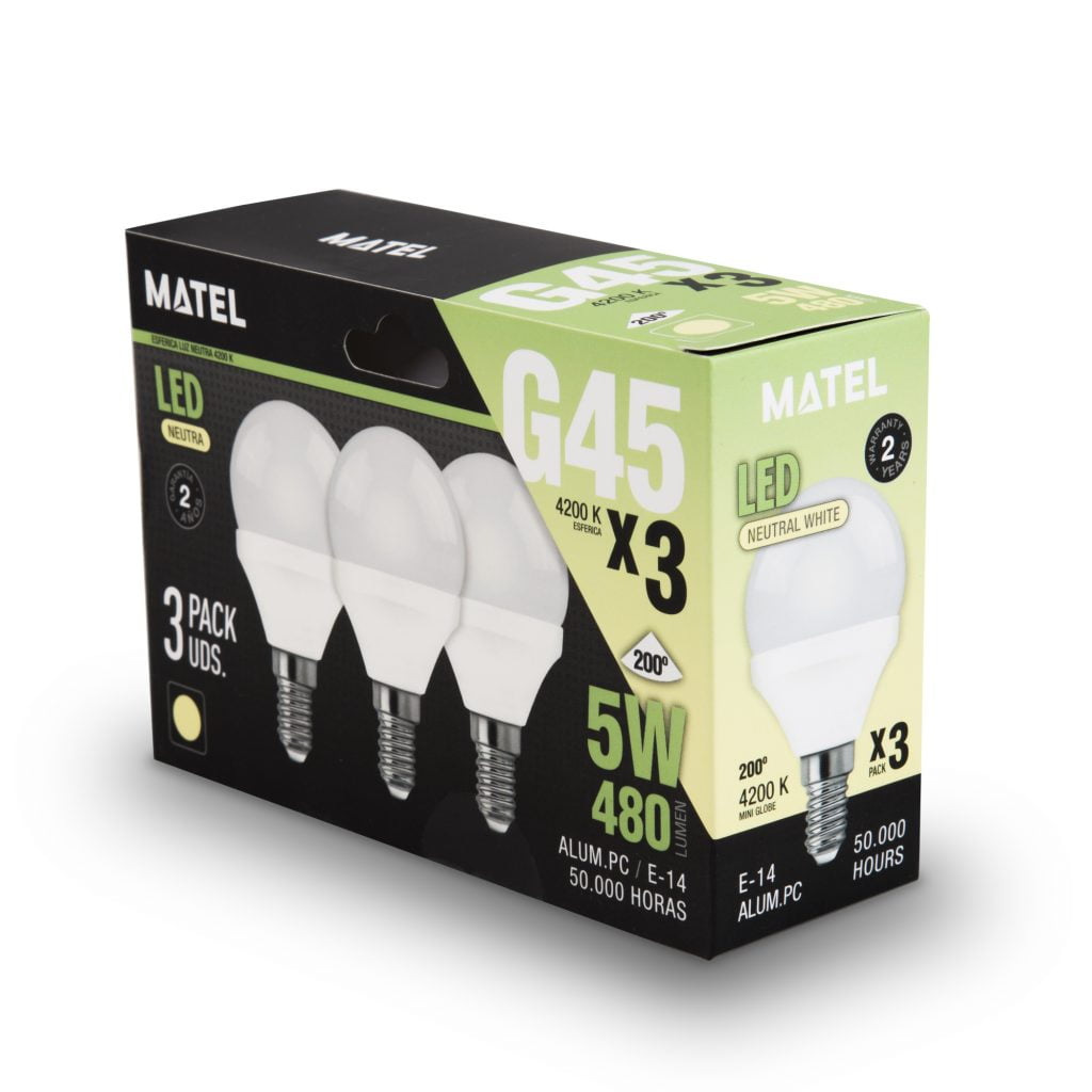 BOMBILLA LED MATEL ESFÉRICA E14 5W NEUTRA (3UNIDADES) en caja