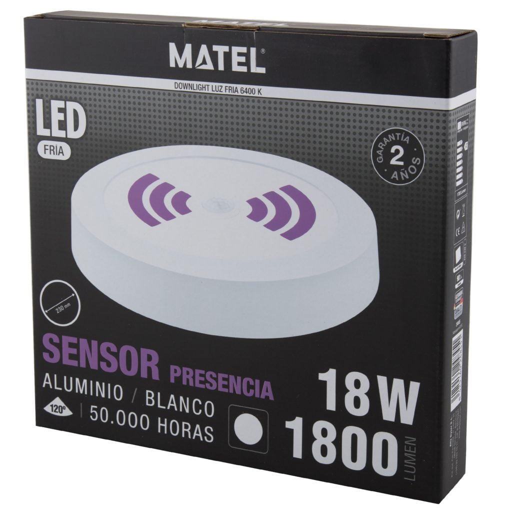 DOWNLIGHT LED MATEL SENSOR SUPERFICIE BLANCO 18W FRÍA en caja