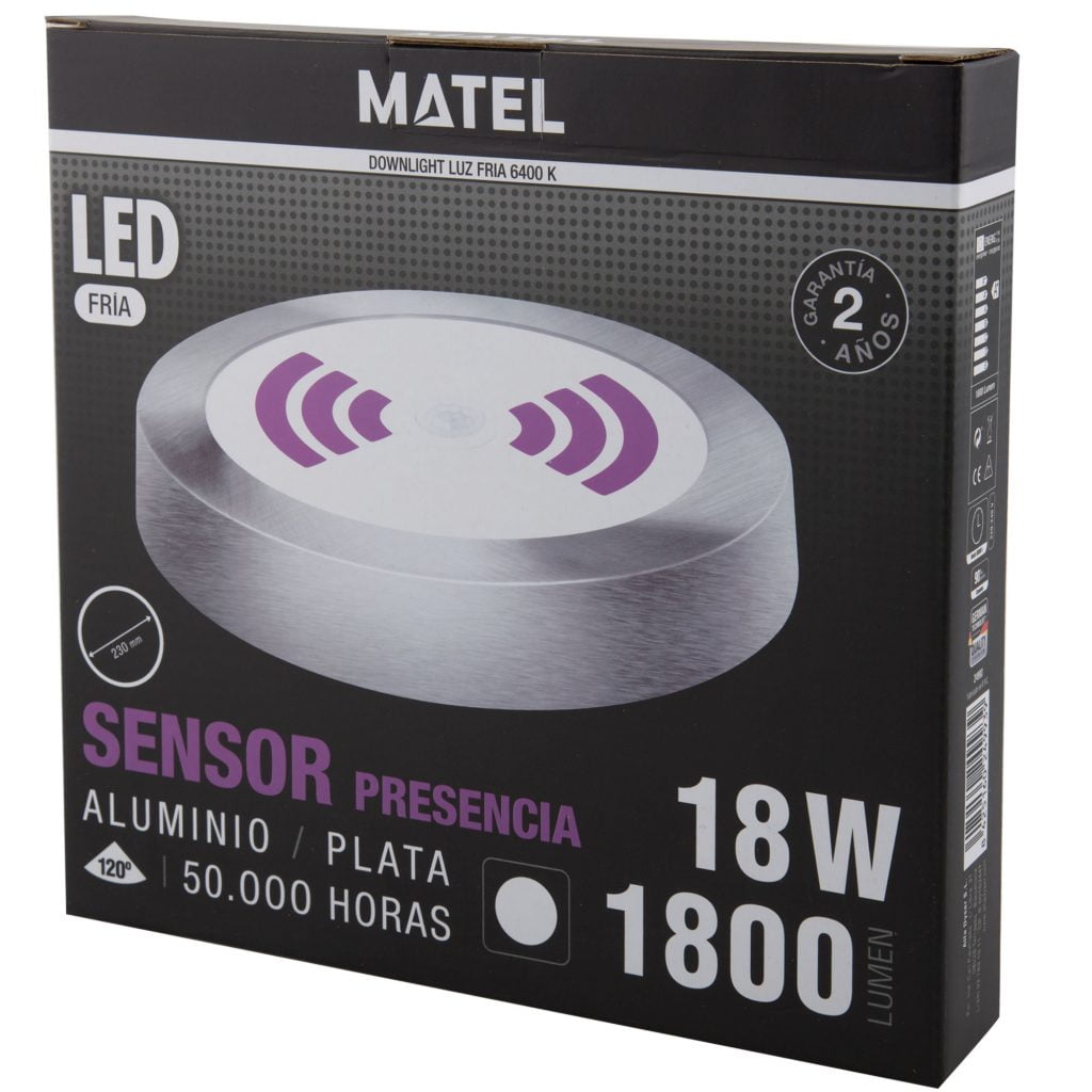 DOWNLIGHT LED MATEL SENSOR SUPERFICIE PLATA 18W FRÍA en caja