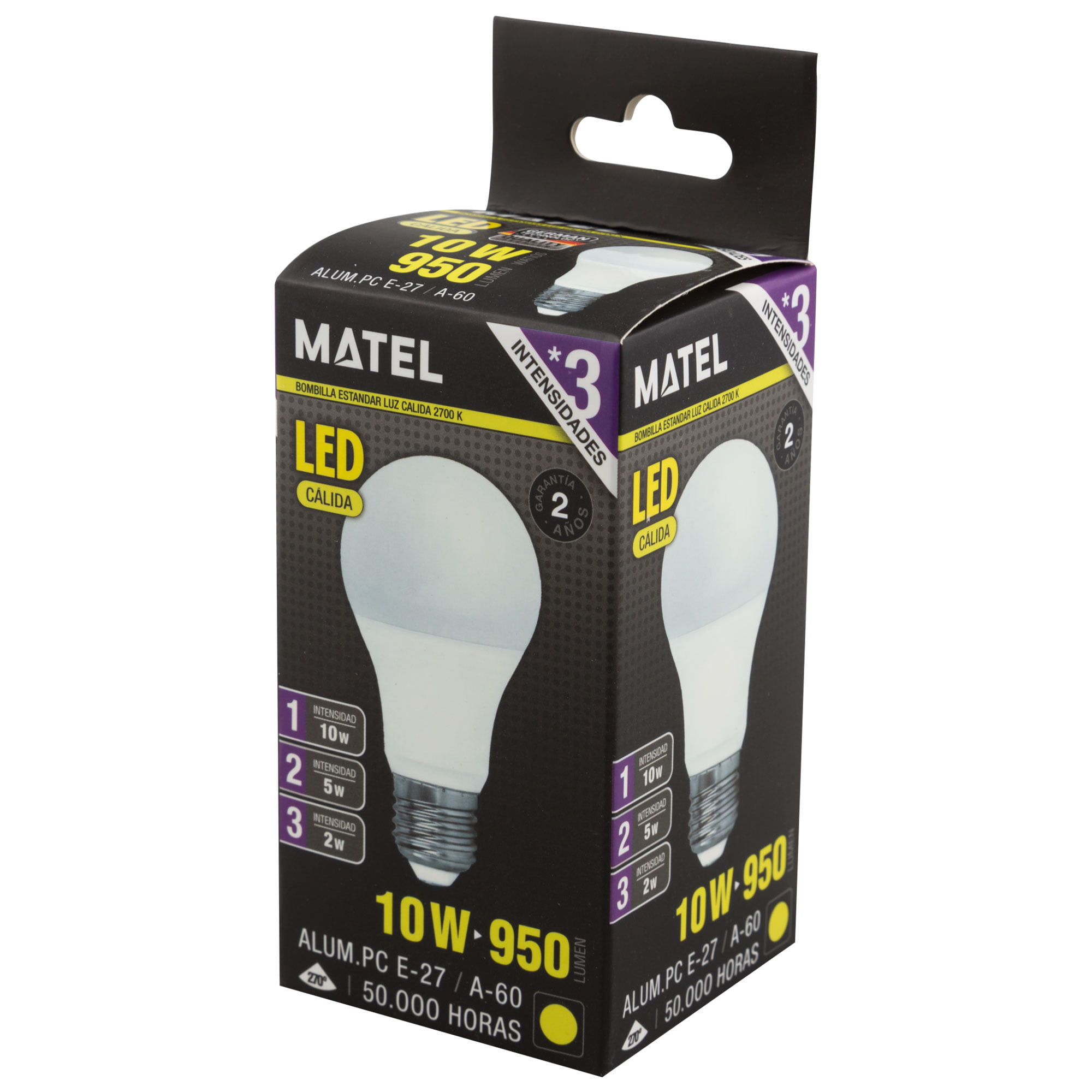 BOMBILLA LED MATEL ESTÁNDAR E27 10W CÁLIDA (3 INTENSIDADES) en caja