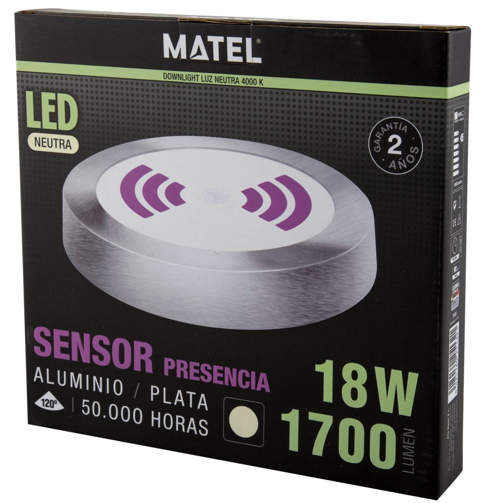 DOWNLIGHT LED MATEL SENSOR SUPERFICIE PLATA 18W NEUTRA - Imagen 2