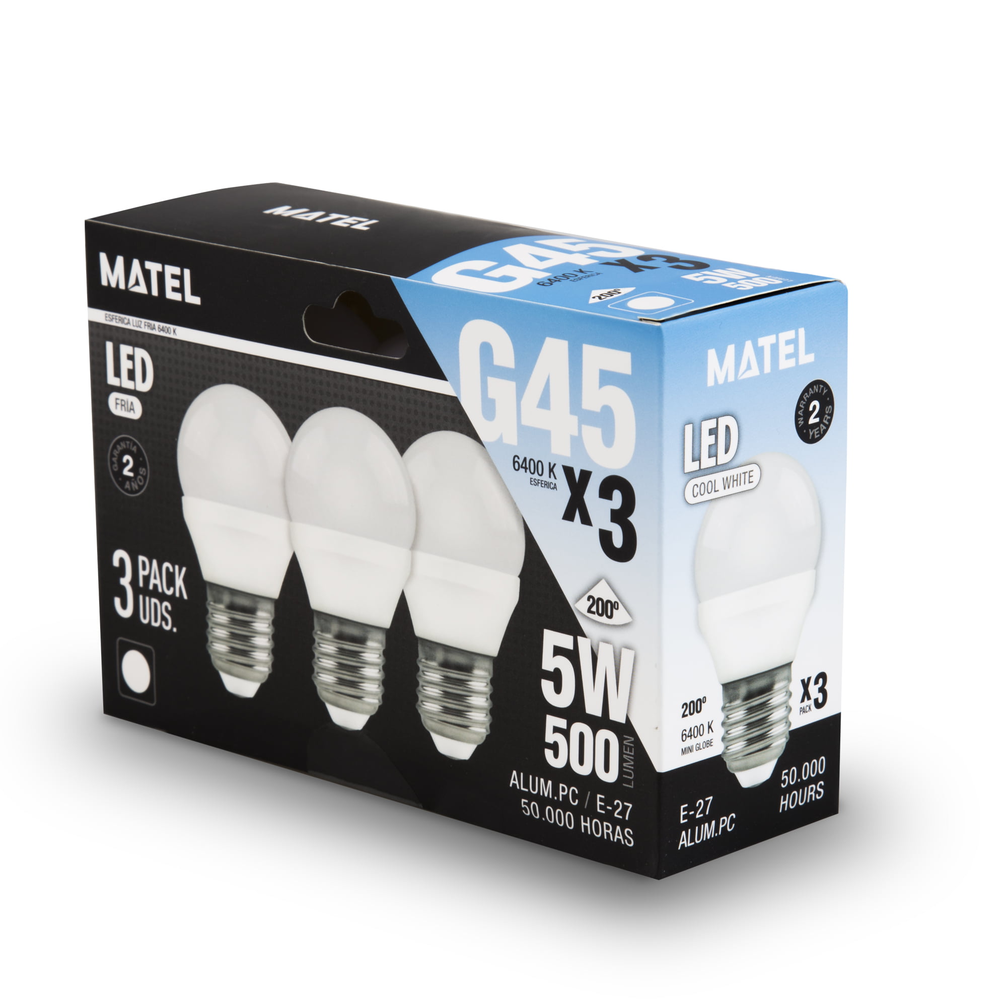 BOMBILLA LED MATEL ESFÉRICA E27 5W FRÍA (3UNIDADES) en caja