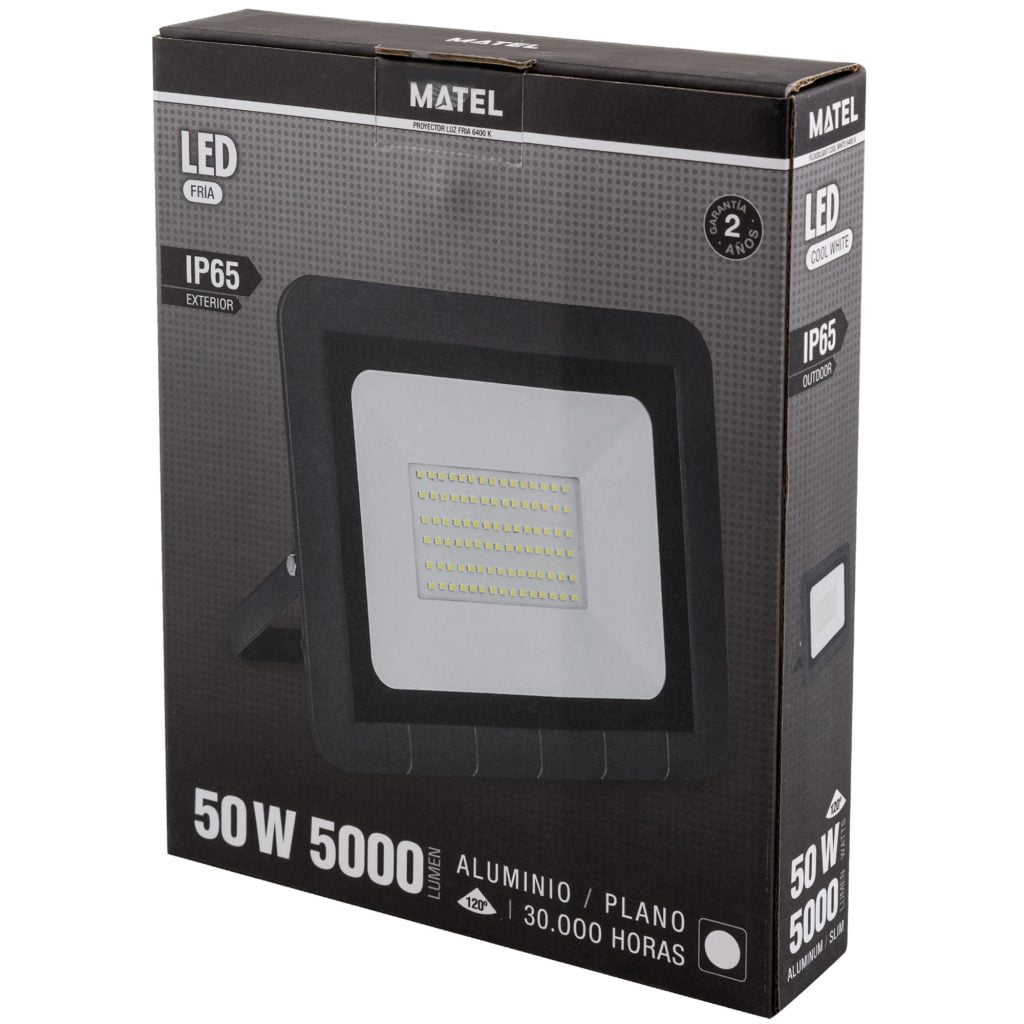 PROYECTOR LED MATEL PLANO NEGRO IP65 50W FRÍA - Imagen 2