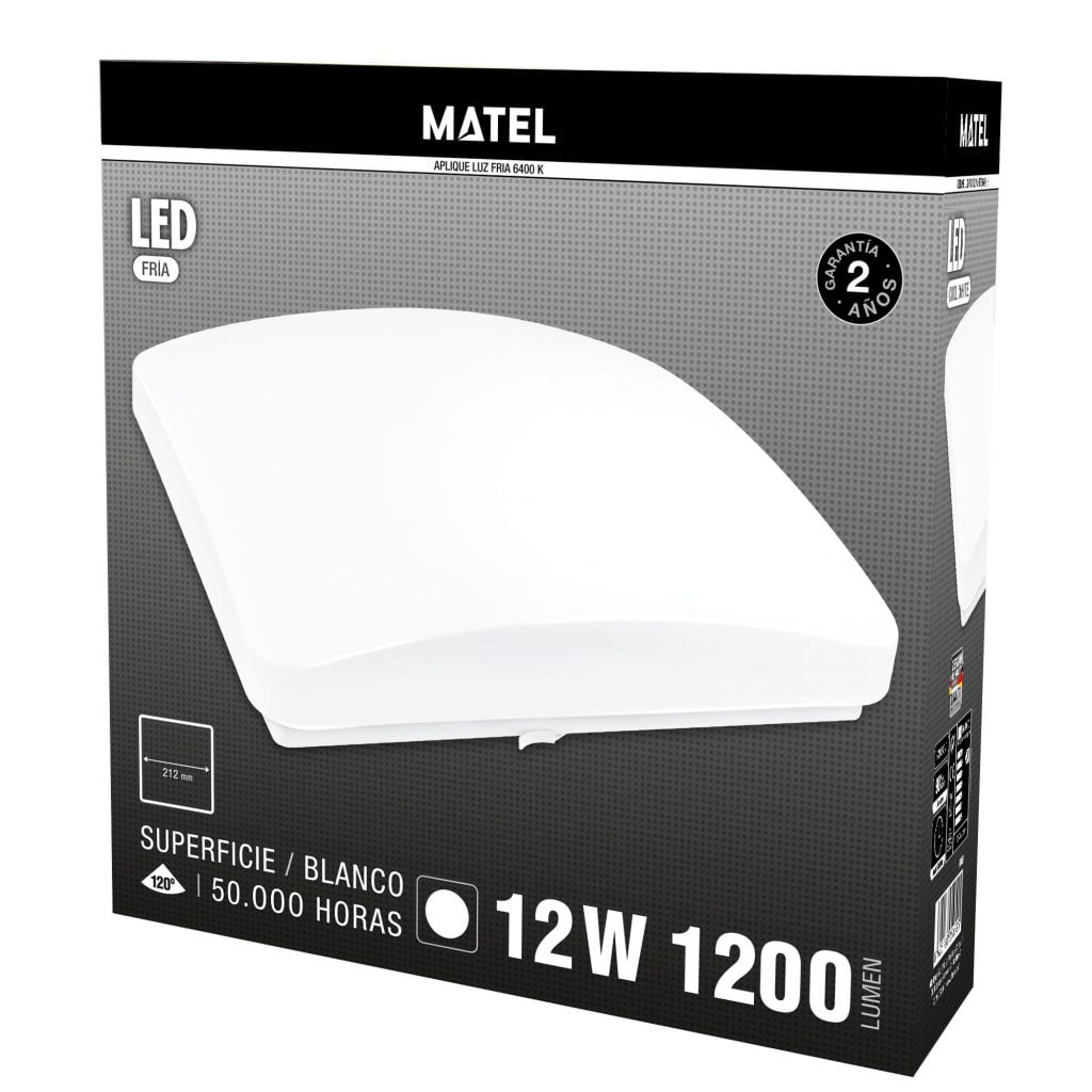 APLIQUE LED MATEL CUADRADO BLANCO 12W FRÍA - Imagen 2