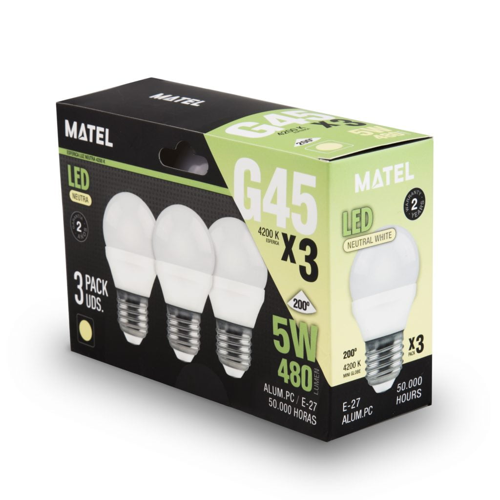 BOMBILLA LED MATEL ESFÉRICA E27 5W NEUTRA (3UNIDADES) en caja