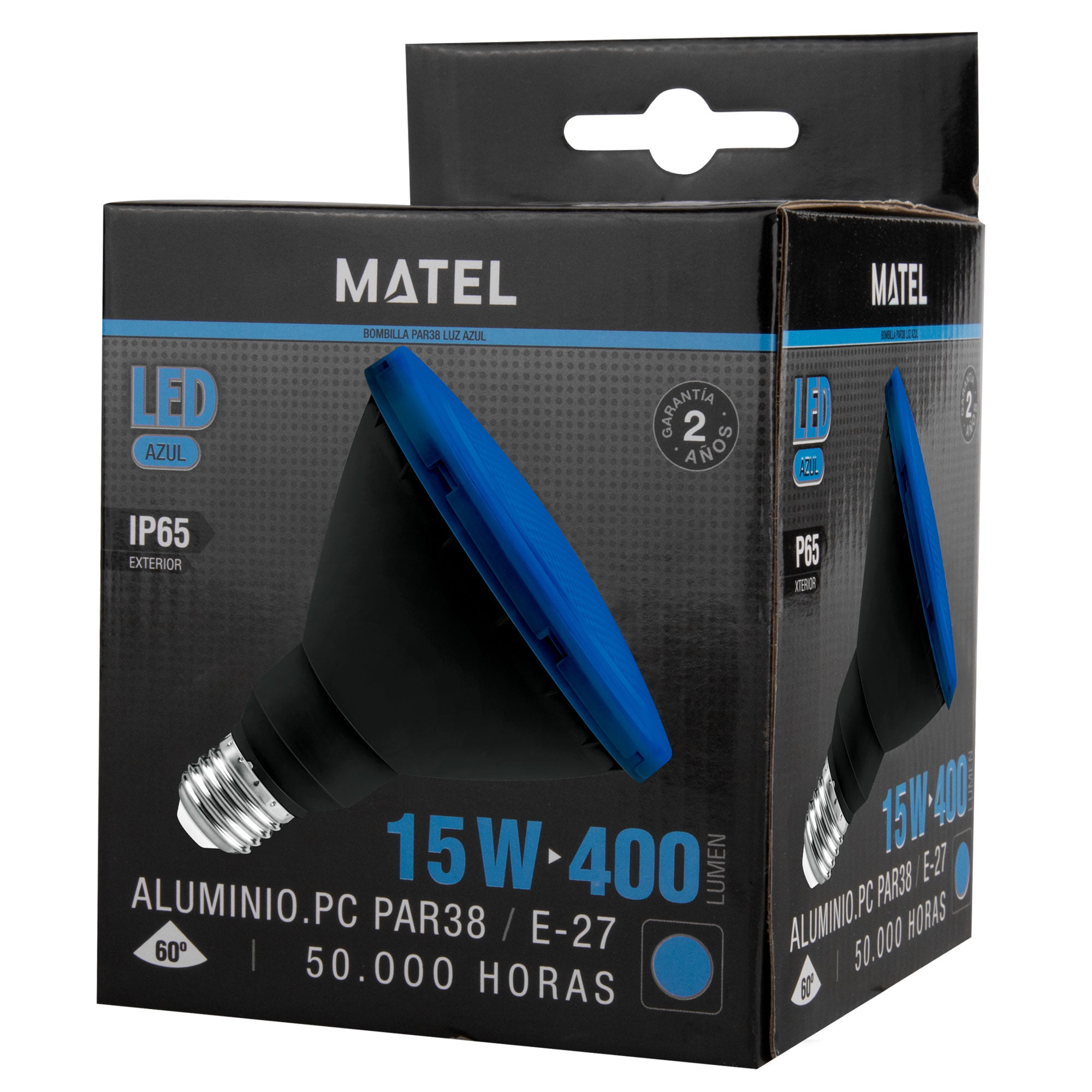 alt="Caja de la bombilla LED MATEL PAR38 15W azul, con diseño gráfico y especificaciones técnicas impresas" alt="Caja de la bombilla LED MATEL PAR38 15W azul, con diseño gráfico y especificaciones técnicas impresas"