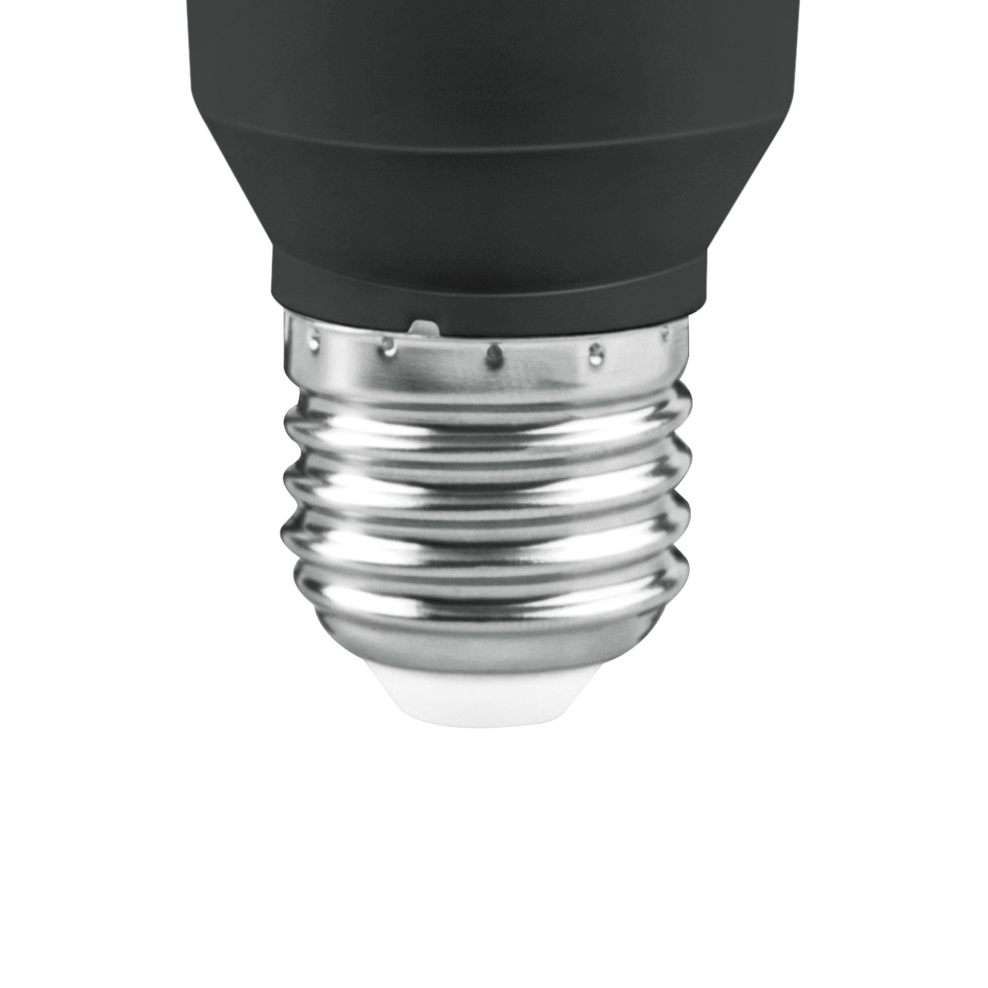 alt="Detalle del casquillo E27 de la bombilla LED MATEL PAR38 15W con cuerpo negro y anillo metálico"