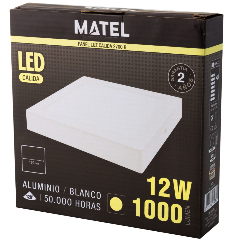 DOWNLIGHT LED MATEL SUPERFICIE CUADRADO BLANCO 12W CÁLIDA en caja