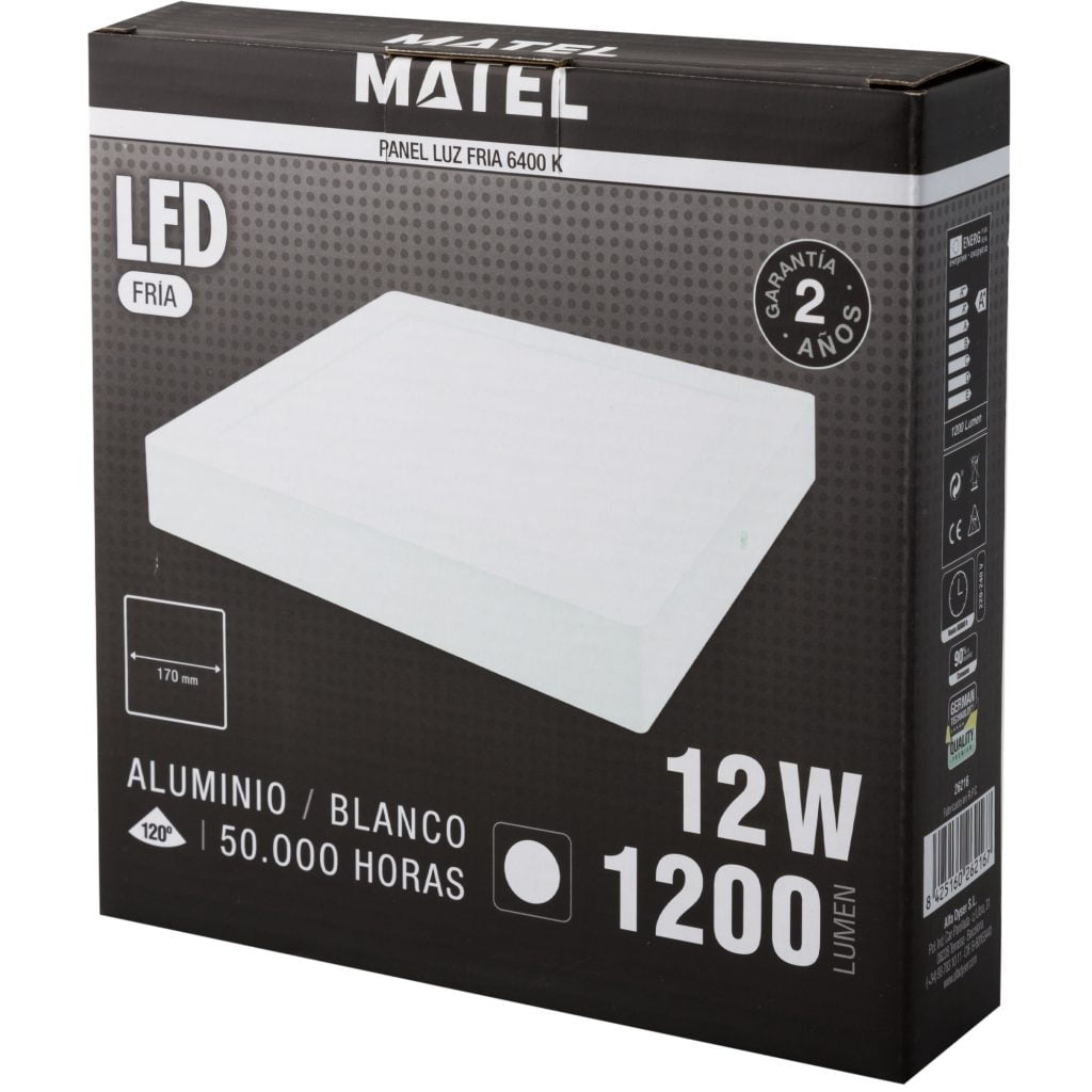 DOWNLIGHT LED MATEL SUPERFICIE CUADRADO BLANCO 12W FRÍA en caja