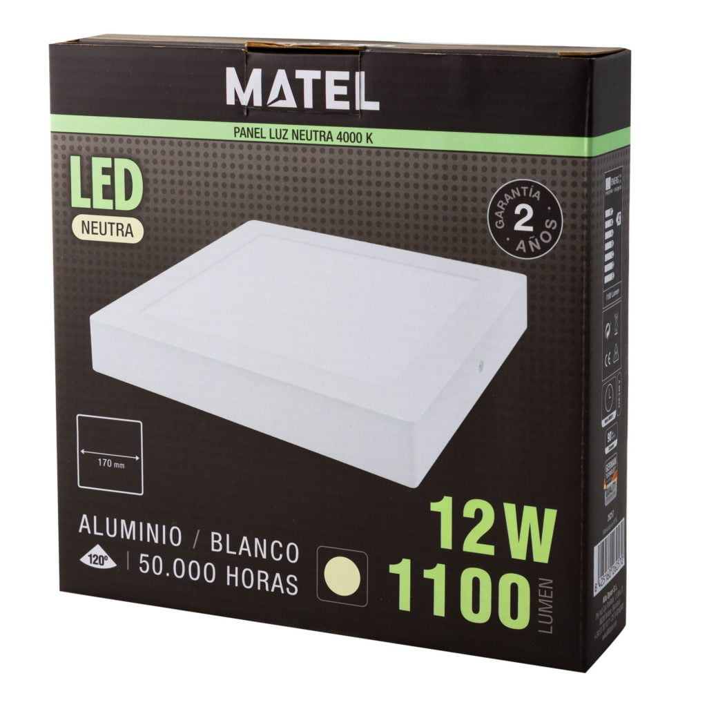 DOWNLIGHT LED MATEL SUPERFICIE CUADRADO BLANCO 12W NEUTRA en caja