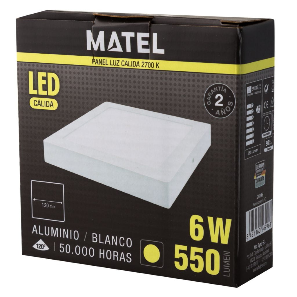 DOWNLIGHT LED MATEL SUPERFICIE CUADRADO BLANCO 6W CÁLIDA en caja