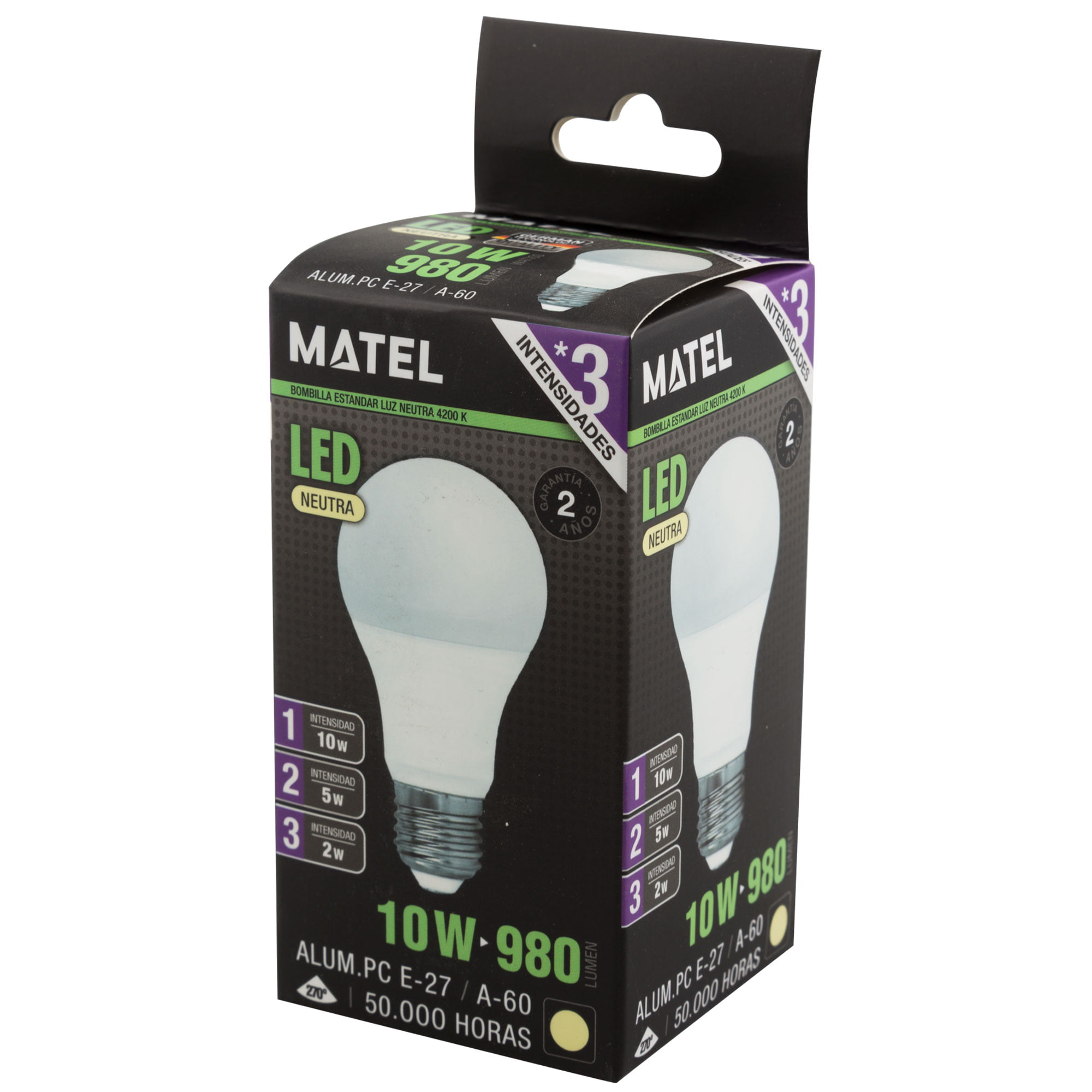 BOMBILLA LED MATEL ESTÁNDAR E27 10W NEUTRA (3 INTENSIDADES) en caja