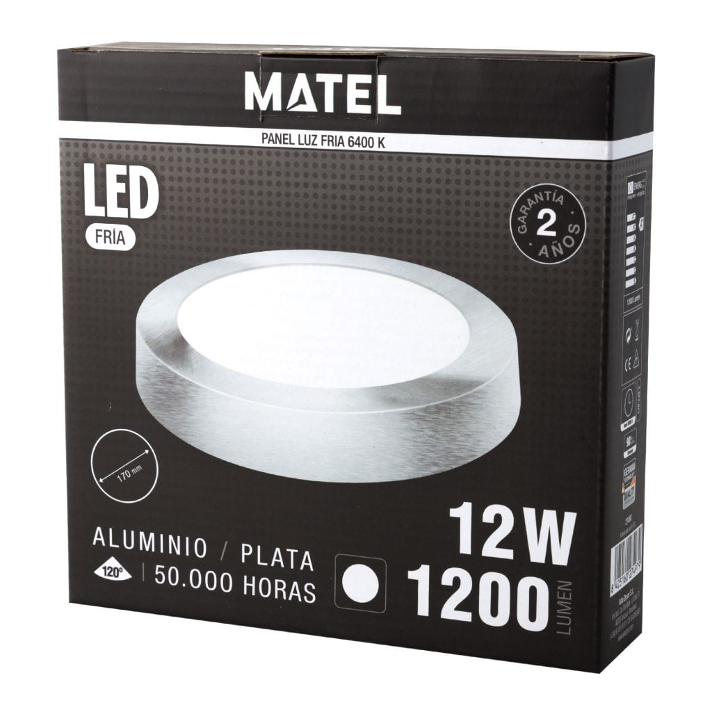 DOWNLIGHT LED MATEL SUPERFICIE REDONDO PLATA 12W FRÍA en caja
