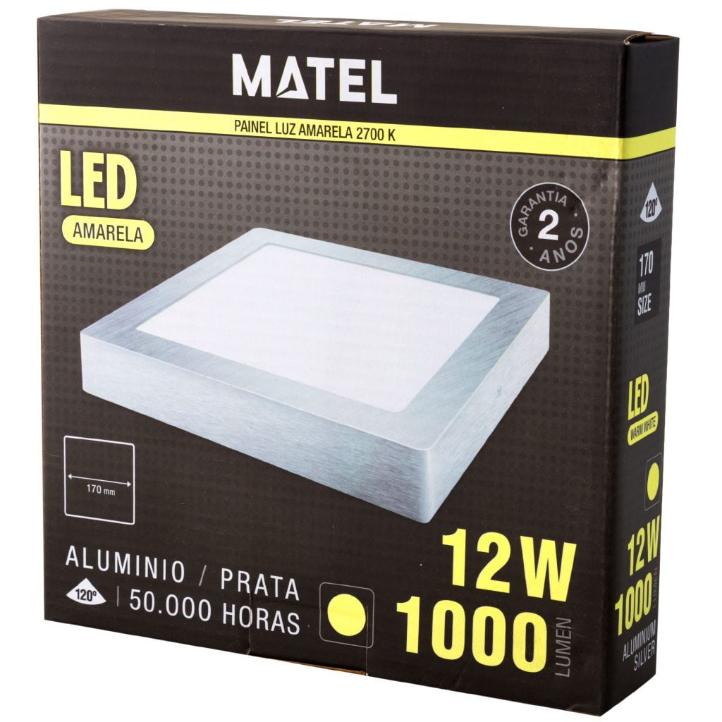 DOWNLIGHT LED MATEL SUPERFICIE CUADRADO PLATA 12W CÁLIDA en caja