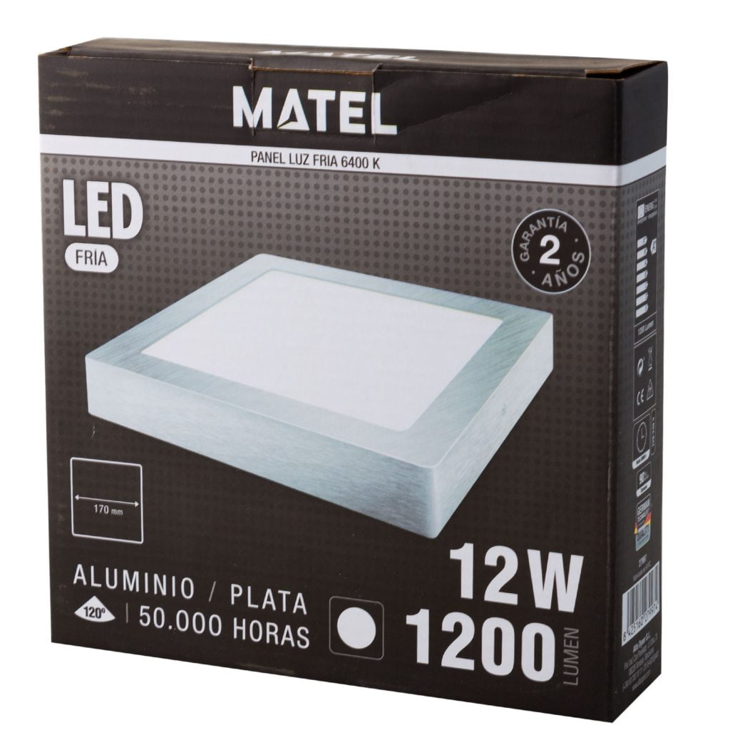 DOWNLIGHT LED MATEL SUPERFICIE CUADRADO PLATA 12W FRÍA en caja