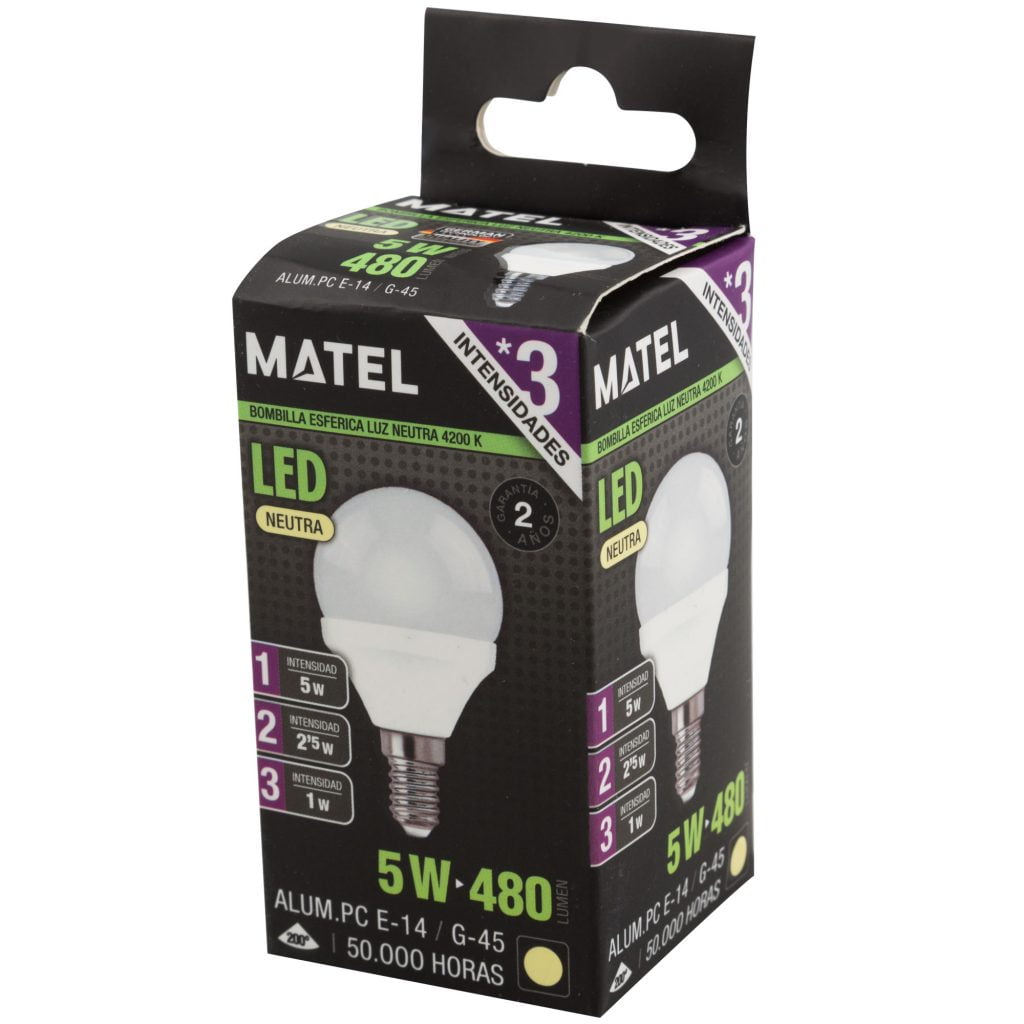BOMBILLA LED MATEL ESFÉRICA E14 5W NEUTRA (3 INTENSIDADES) en caja