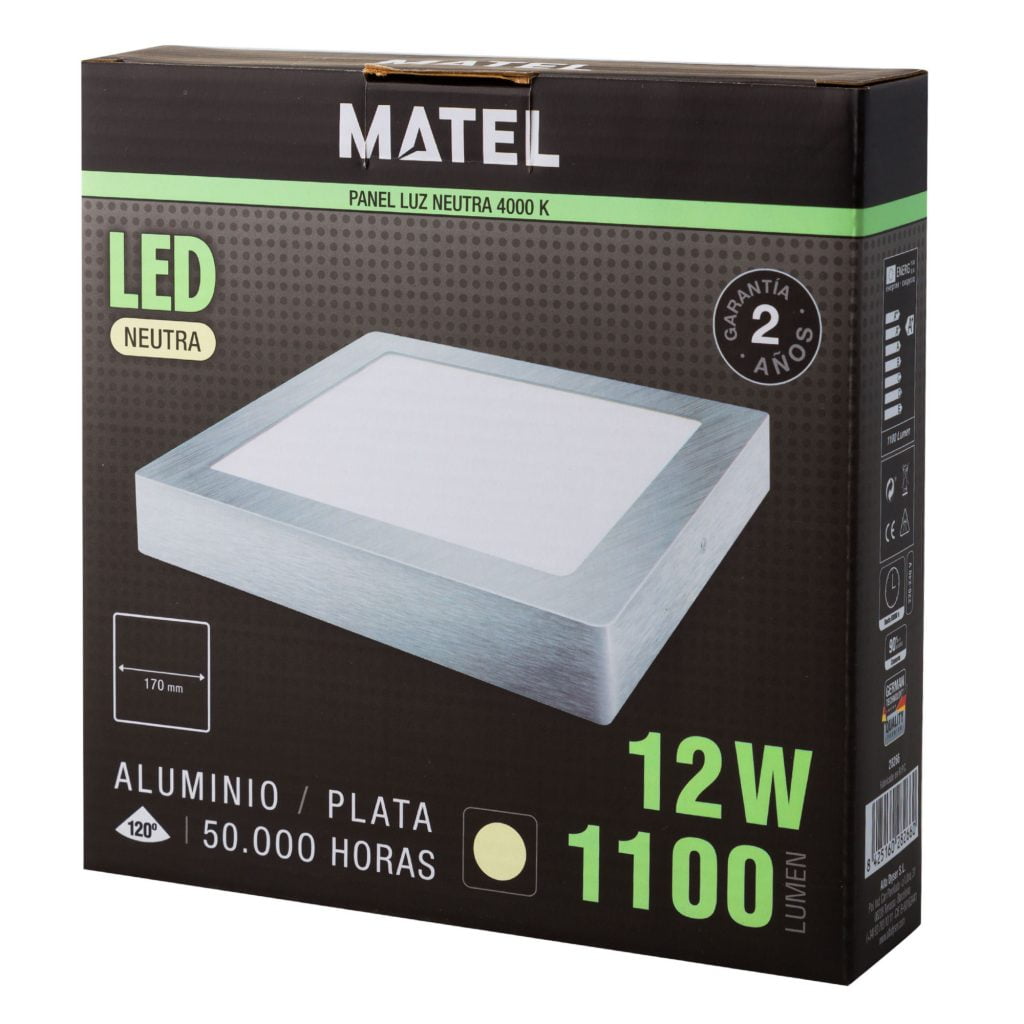 DOWNLIGHT LED MATEL SUPERFICIE CUADRADO PLATA 12W NEUTRA en caja