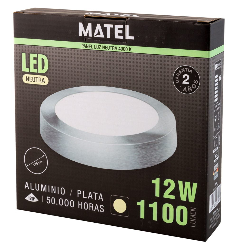 DOWNLIGHT LED MATEL SUPERFICIE REDONDO PLATA 12W NEUTRA en caja