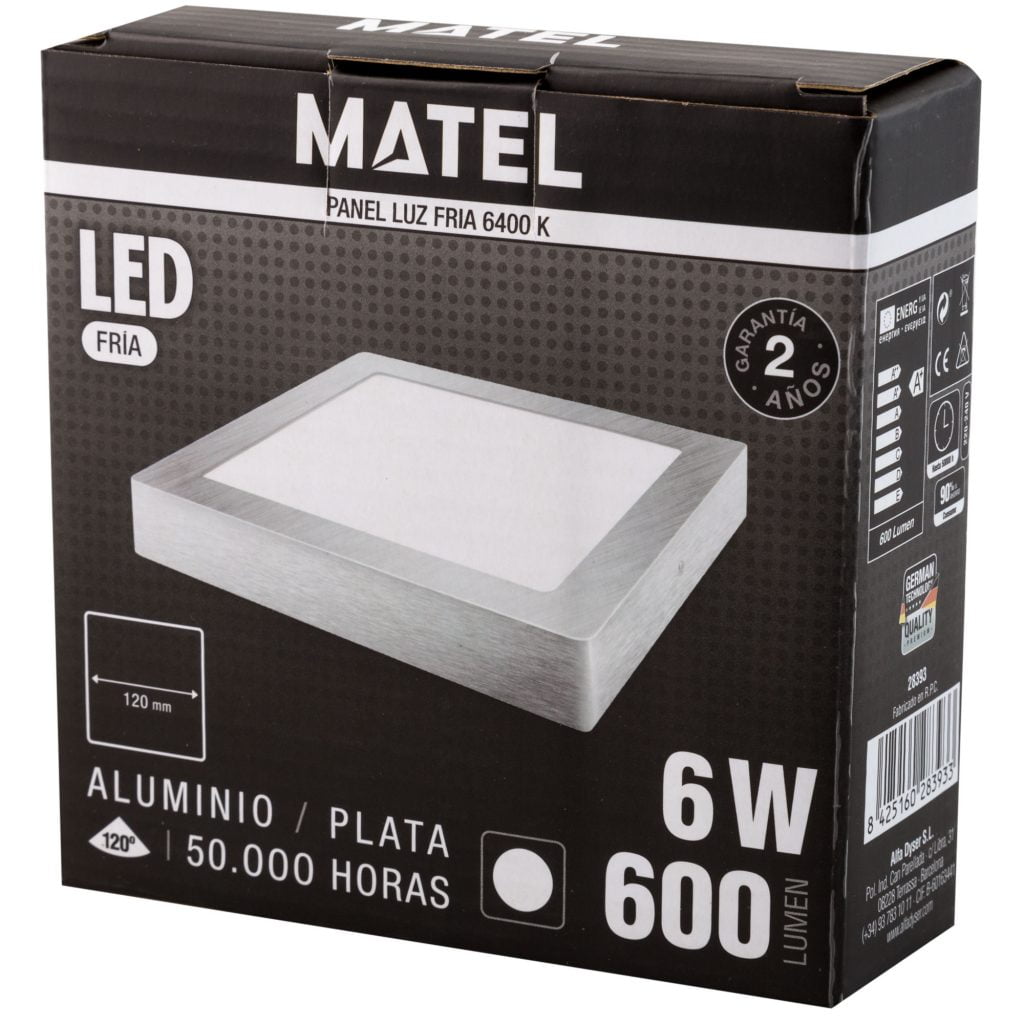 DOWNLIGHT LED MATEL SUPERFICIE CUADRADO PLATA 6W FRÍA en caja