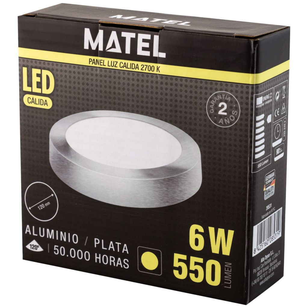 DOWNLIGHT LED MATEL SUPERFICIE REDONDO PLATA 6W CÁLIDA en caja
