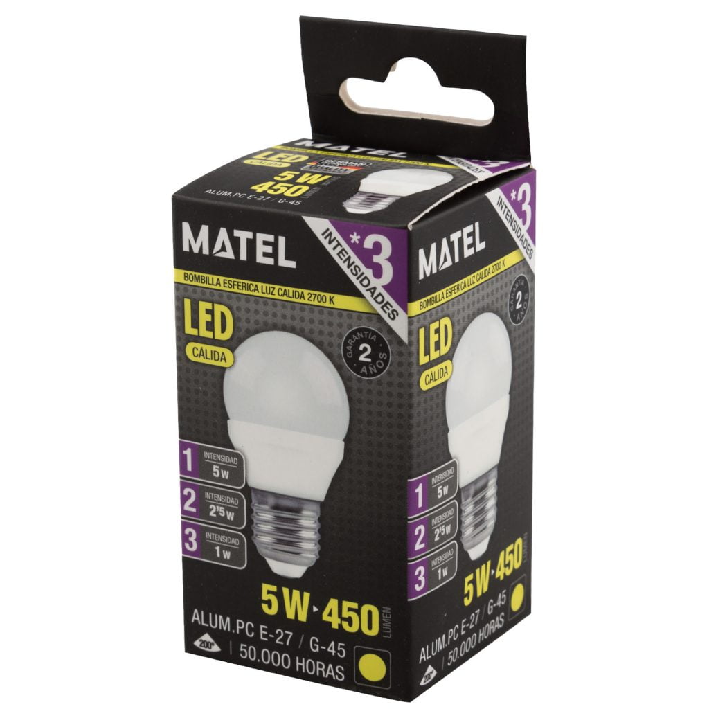 BOMBILLA LED MATEL ESFÉRICA E27 5W CÁLIDA (3 INTENSIDADES) en caja