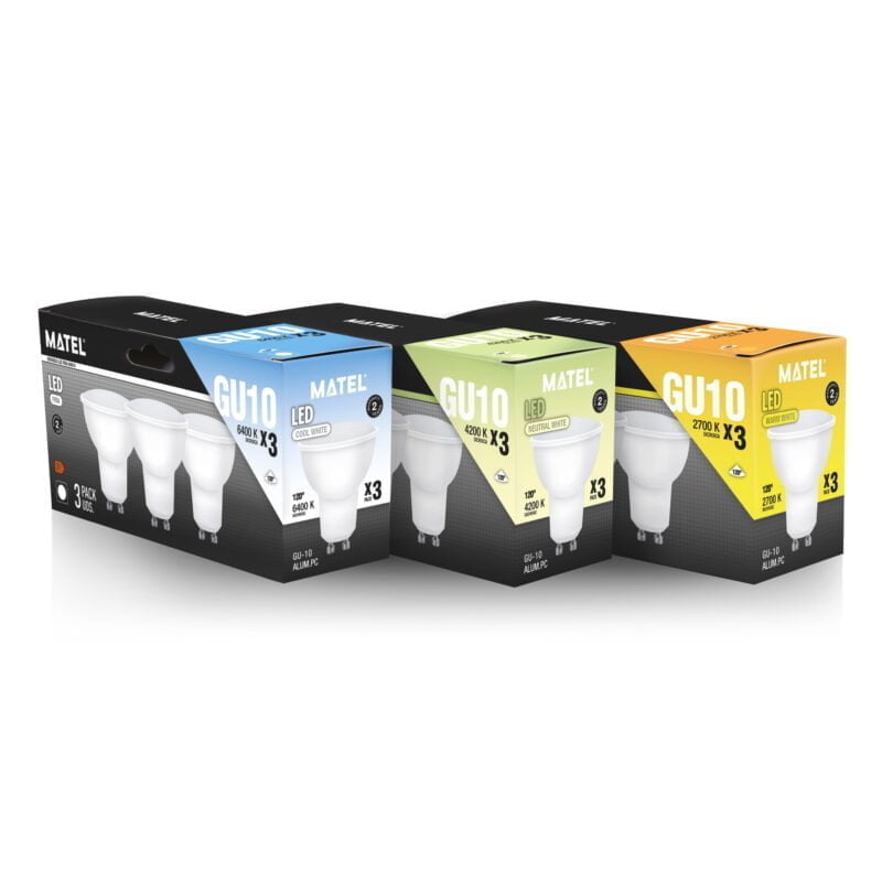 Pack de tres bombillas LED GU10 MATEL en versiones cálida, neutra y fría.