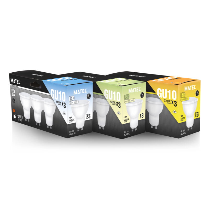 Pack de tres bombillas LED dicroicas GU10 MATEL de 7W en luz fría