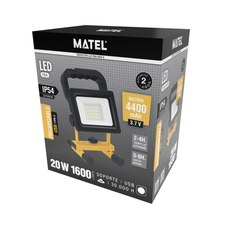 PROYECTOR LED SOPORTE IP54 RECARGABLE 20W. FRÍA - Imagen 2