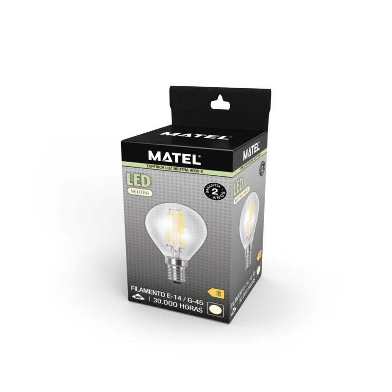 Bombilla LED Matel esférica filamento E14 4W neutra en caja