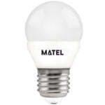 Vista frontal de la bombilla LED MATEL esférica G45 con acabado blanco opal.