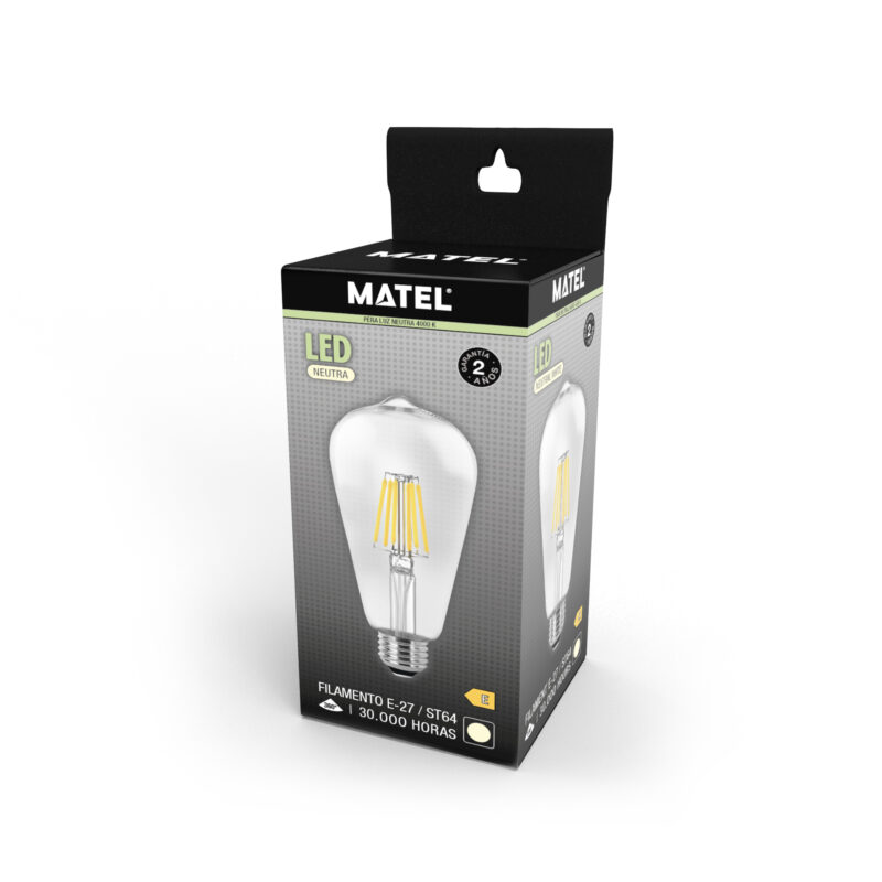 Bombilla LED Matel pera filamento E27 8W neutra en caja