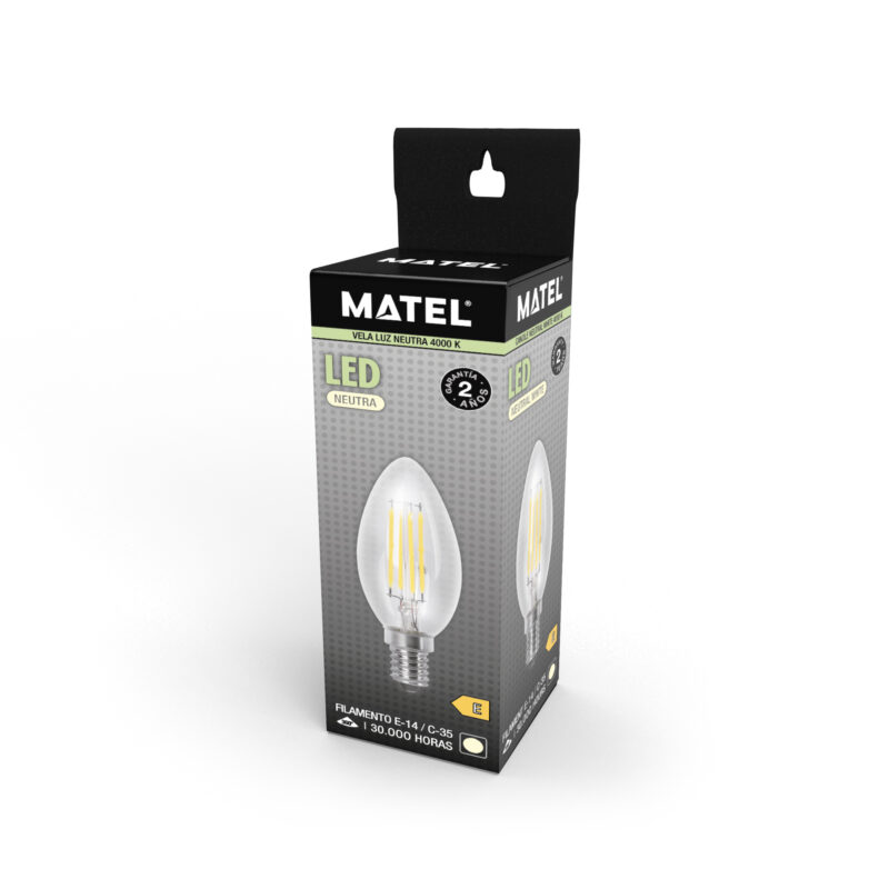 BOMBILLA LED MATEL VELA FILAMENTO CLARA E14 6W NEUTRA - Imagen 2
