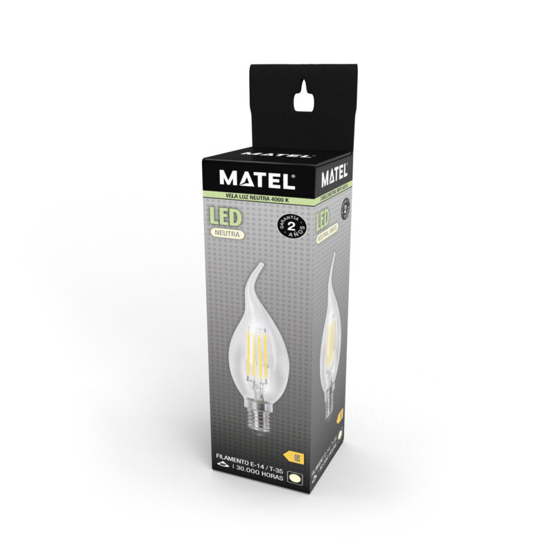 BOMBILLA LED MATEL VELA FLAMA FILAMENTO CLARA E14 4W NEUTRA CON CAJA